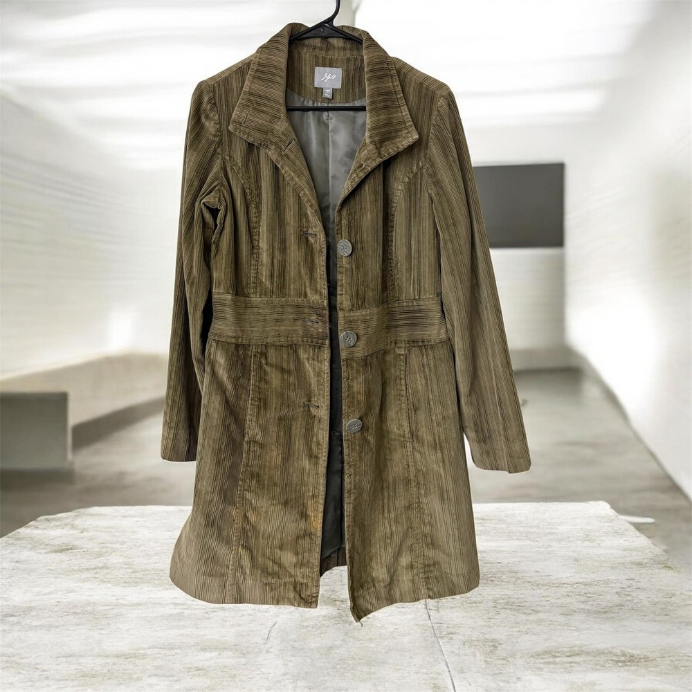 J. Jill Olive Green Ribbed Corduroy Mid-Length Coat Boho Lined Overcoat XS Tall